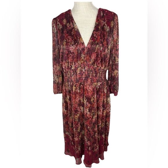 Maison Tara Curvy Size 14 Maroon Red Floral Metallic Pleat Fabric Dress - Picture 1 of 11